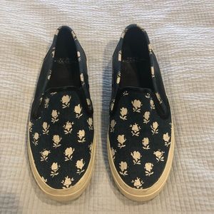 Coach Denim & Leather Floral Print Slip Ons